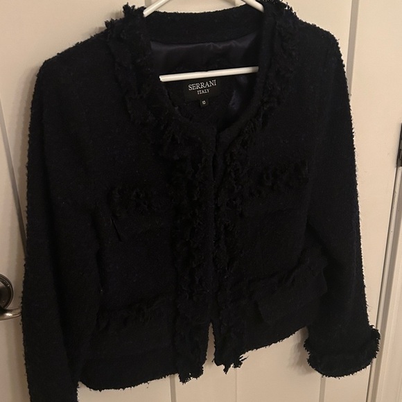 Chanel-Style Serrani Italy Navy Blue Ruffled Boucle Jacket, size 10 - Picture 3 of 12